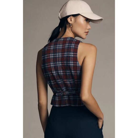 Anthropologie Plaid Vest with Buttons and Back Belt in Navy by Eva Franco - Picture 2 of 4